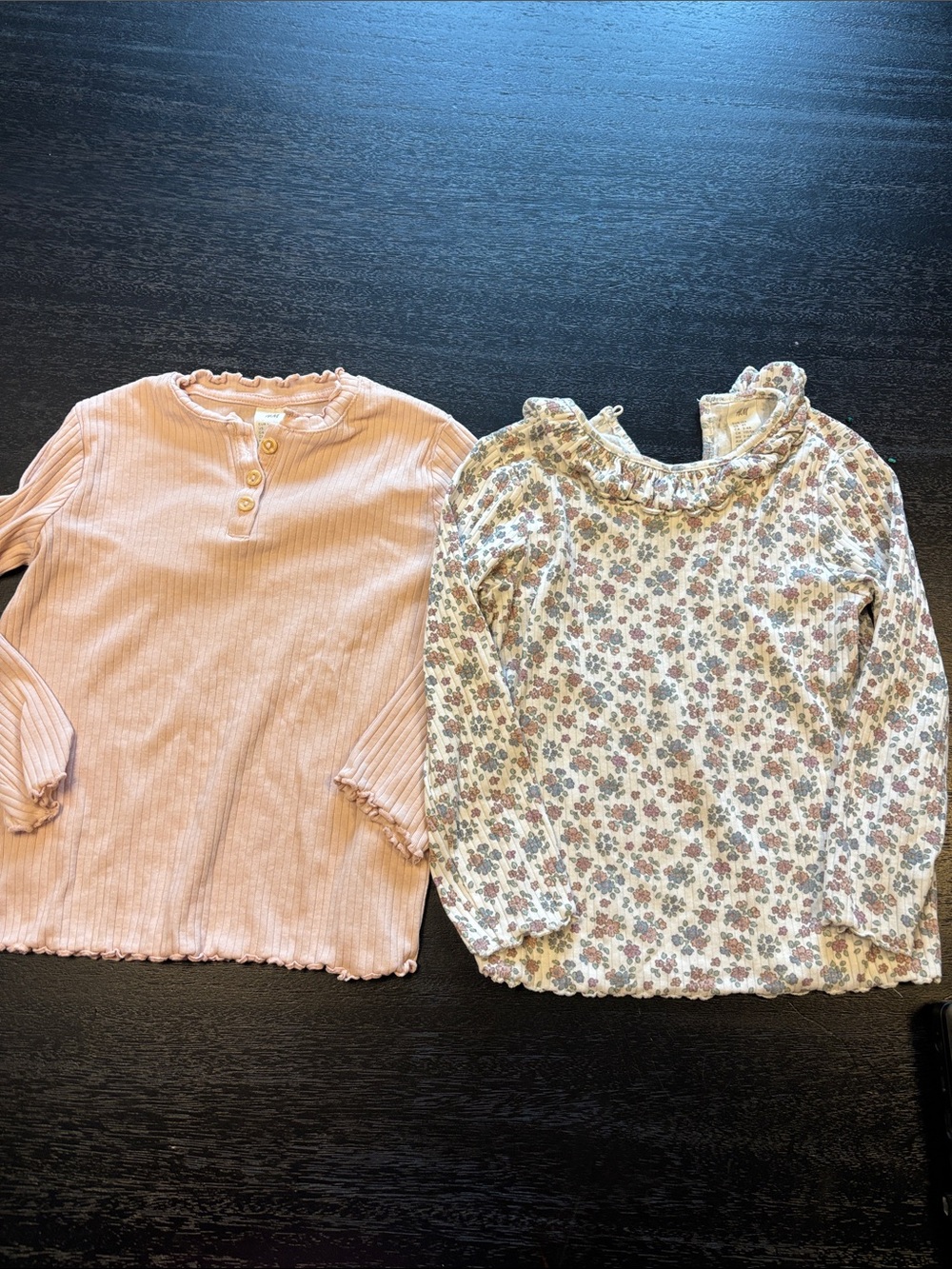 H&M Girls' Pink Ribbed Henley & Cream Floral Ruffle Long Sleeve Tops